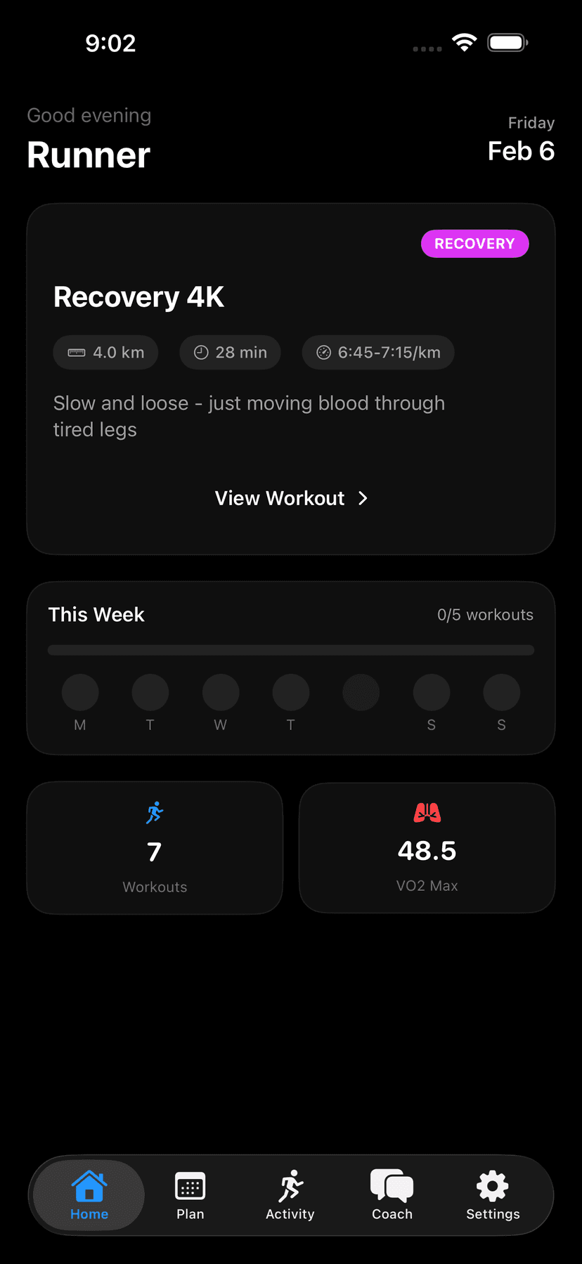 Runsy app dashboard showing today's workout, weekly progress, and fitness stats