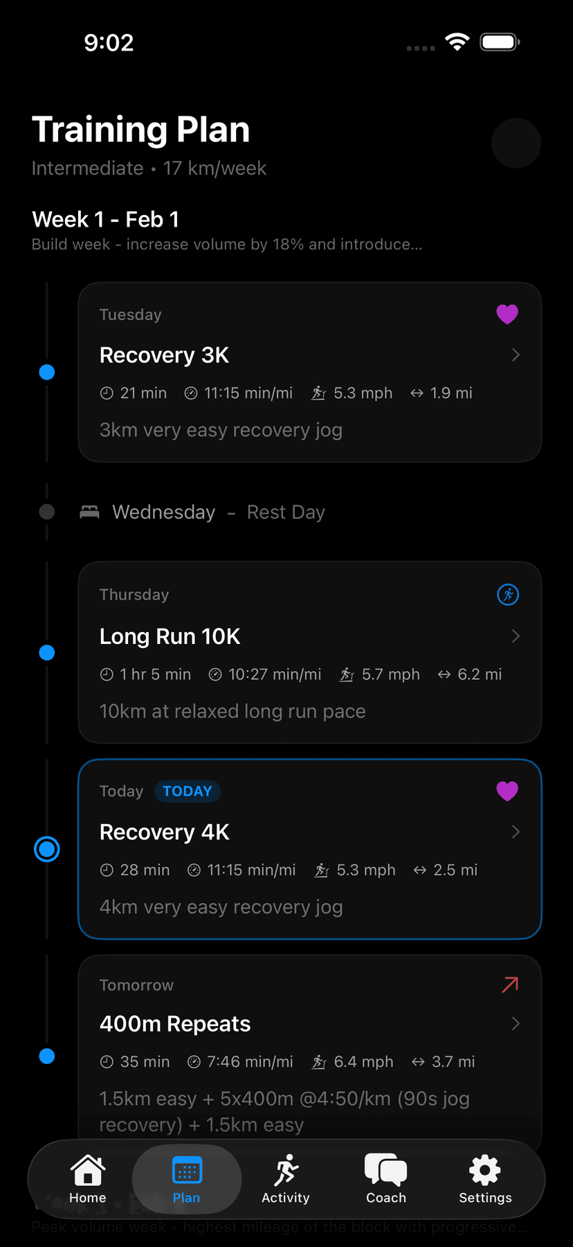 Runsy training plan showing a structured weekly schedule with recovery runs, long runs, and speed work