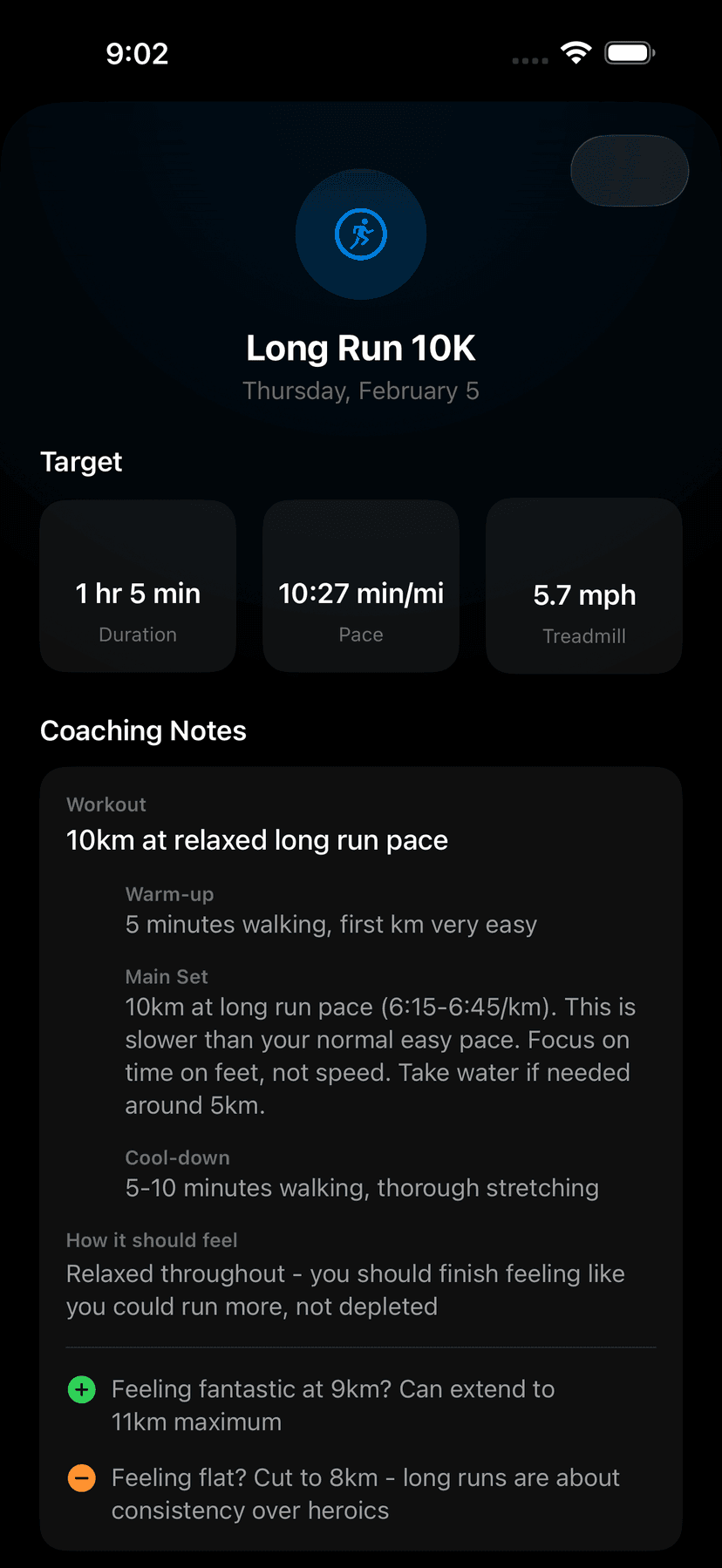 Runsy workout detail showing target pace, coaching notes for warm-up, main set, and cool-down